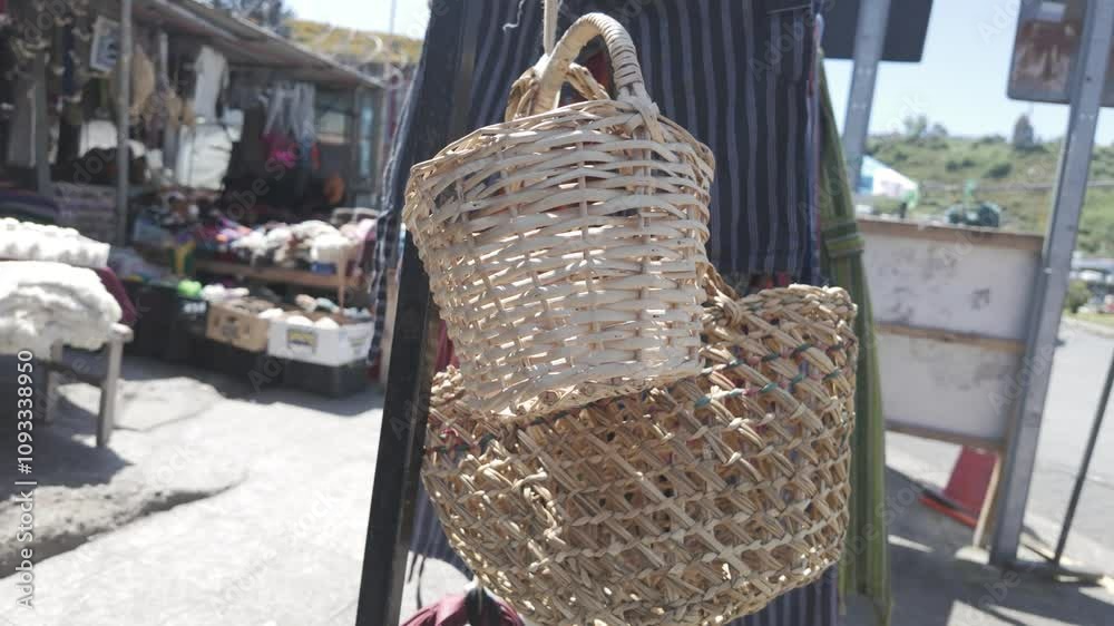 Handwoven wicker baskets hanging in traditional market