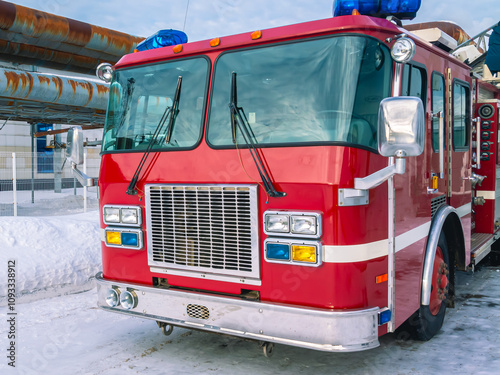 A fire truck for the delivery of firefighters to the place of fire and the supply of extinguishing agent for extinguishing. Equipment for rescuing people in case of fire. Emergency rescue service. photo