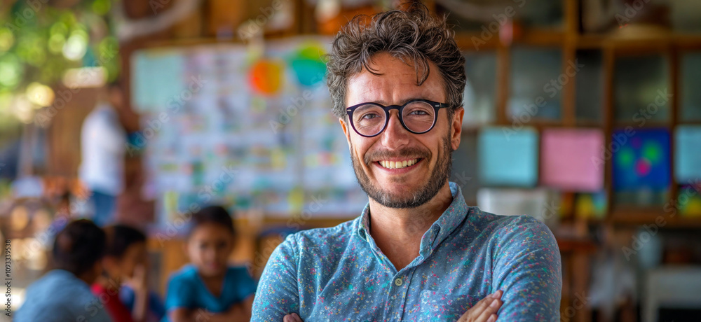 Teacher. Portrait of a happy handsome male teacher in the classroom Teacher. Portrait of a happy handsome male teacher in the classroom