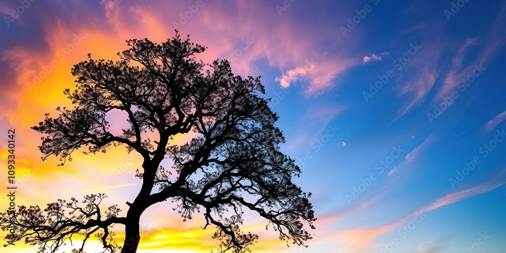 Fagus Tree Silhouette Against Vibrant Sky, fagus tree silhouette, serene landscape Fagus Tree Silhouette Against Vibrant Sky, fagus tree silhouette, serene landscape