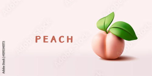 Ripe juicy peach with leaves, 3D. Banner for advertising concepts of fresh, seasonal, healthy, and summer fruit. Vector illustration