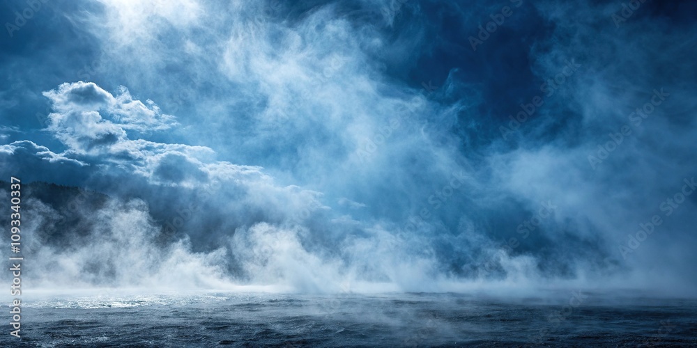 Abstract blue background with swirling clouds of white and gray mist, evoking a sense of ethereal mystery, art deco, soft focus, peaceful Abstract blue background with swirling clouds of white and gray mist, evoking a sense of ethereal mystery, art deco, soft focus, peaceful