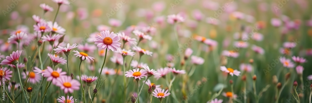 Field of soft pink wildflowers swaying gently in the breeze, blooming flowers, nature scene, floral arrangement Field of soft pink wildflowers swaying gently in the breeze, blooming flowers, nature scene, floral arrangement