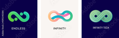 Set of Infinity logos, mobius ribbon symbols, icons. Infinity 3D, modern minimalist style. Colorful vector design