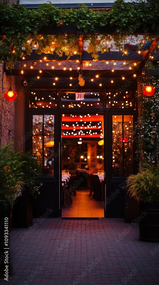 Enchanting restaurant entrance adorned with twinkling fairy lights and lush greenery, inviting patrons into a warm, cozy atmosphere on a magical evening. Enchanting restaurant entrance adorned with twinkling fairy lights and lush greenery, inviting patrons into a warm, cozy atmosphere on a magical evening.