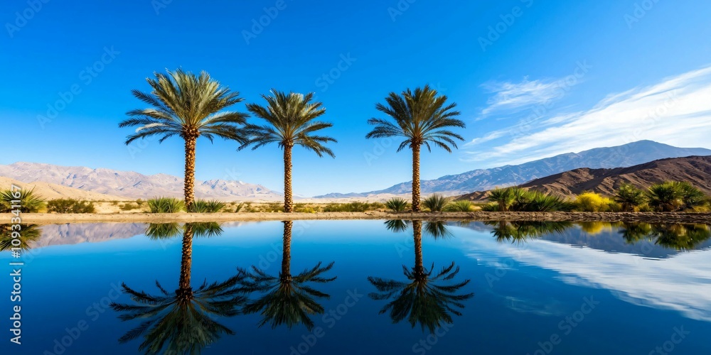 Fototapeta premium Welcoming view and sunlight. A serene landscape featuring three palm trees reflecting in clear water under a bright blue sky and distant mountains.