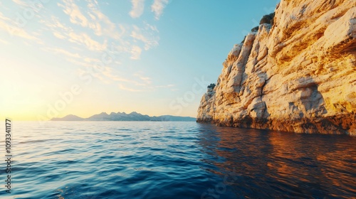 Welcoming view and sunlight. A serene coastal scene at sunset, showcasing a rocky cliff beside calm waters and a colorful sky filled with soft clouds.