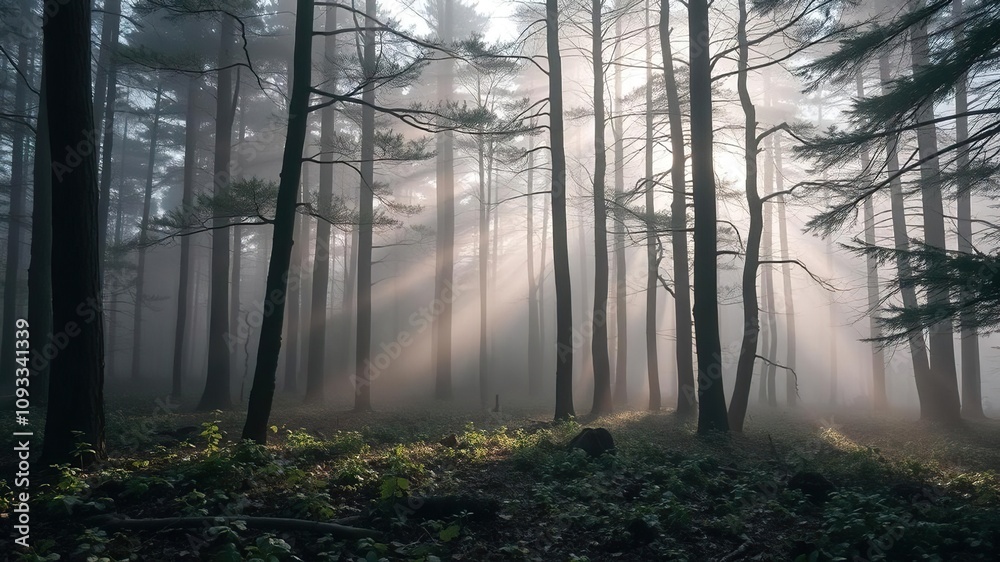 Forest floor bathed in soft morning light fog slowly clears, scenery, serenity, depth of field