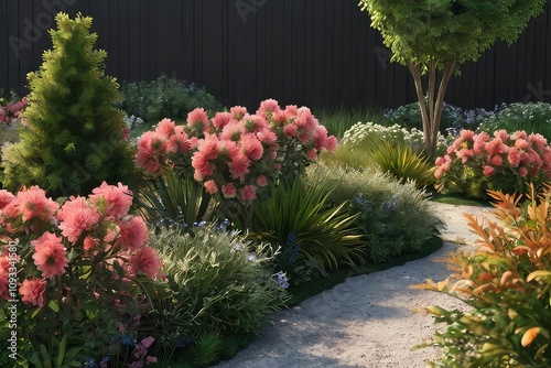 Flowers and low shrubs landscaping 3d render, transparent background, flowers in the garden