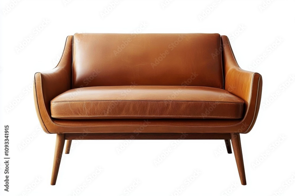 Stylish mid-century modern leather sofa with wooden legs, perfect for contemporary living spaces.