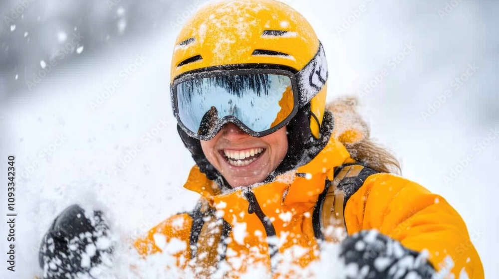 Snow-covered face of a skier, showing joy in winter adventure Snow-covered face of a skier, showing joy in winter adventure
