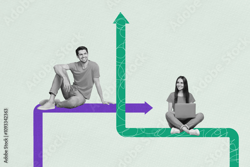 Composite trend artwork sketch image photo collage of copyspace arrow way direction point choose young lady man sit coworking smile laptop photo