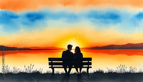 Couple sitting closely on a bench watching the sunset over the lake 