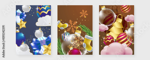 Colorful Christmas Poster Greeting Card for Season Celebration With 3d Ornaments and Elements. Vector Illustration. Design Illustration for Cover, Print, Wallpaper, Background, Banner, Presentation