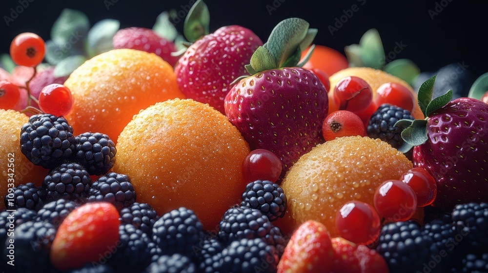 Fototapeta premium macro view, adjacent fruit in nice composition, hyper realistic photo, on solid black background, cinematic. 3D render. highly detailed, high resolution for magazine.