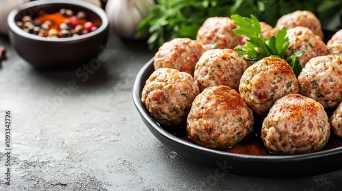 Juicy homemade meatballs served on a black plate, garnished with fresh parsley. Peppercorns and spices in the background add depth to this appetizing dish.