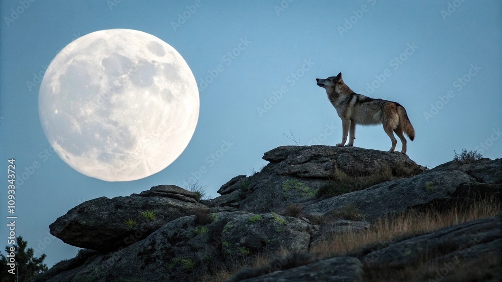 A lone wolf stands atop a rocky outcropping under the full moon's silver glow, fauna, wilderness A lone wolf stands atop a rocky outcropping under the full moon's silver glow, fauna, wilderness