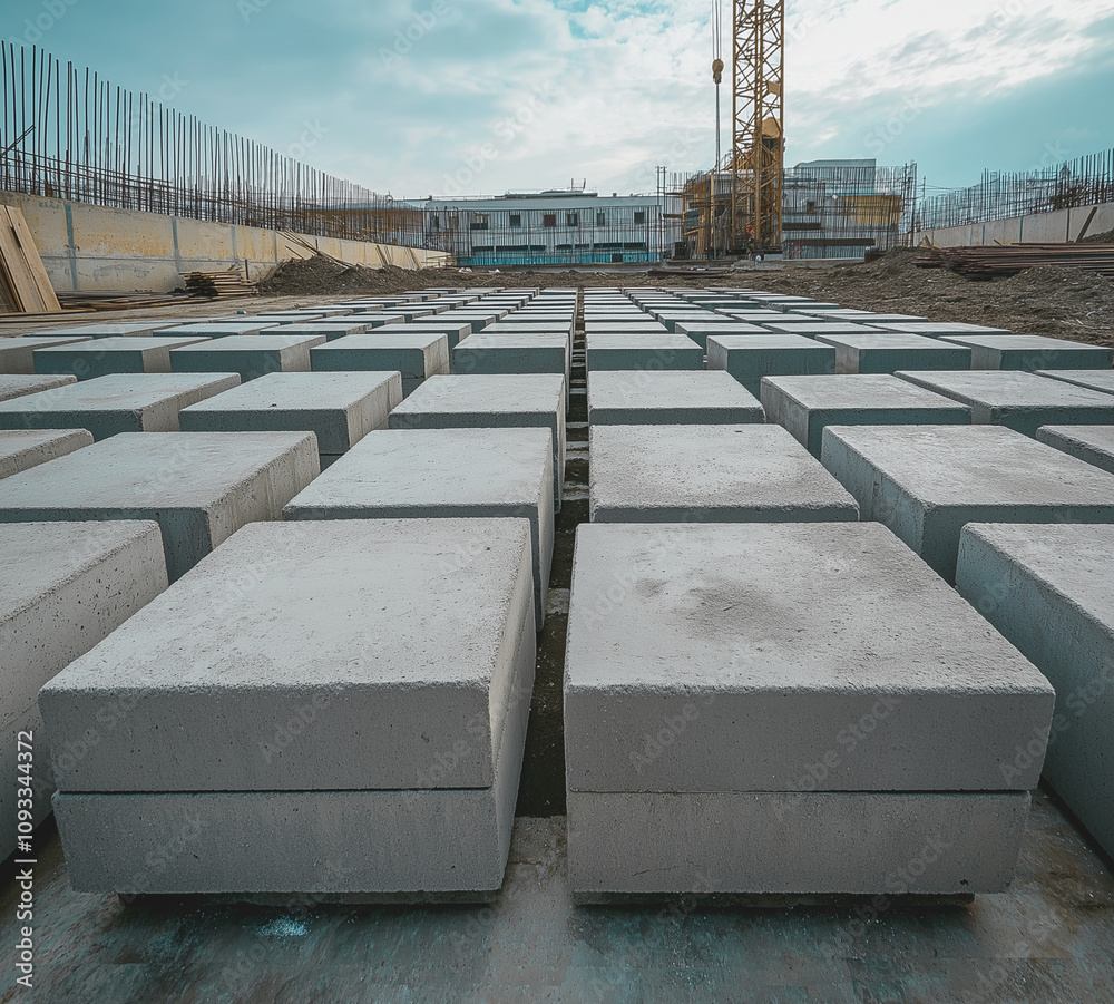 Obraz premium Cement Blocks for House Construction – Concrete Bricks with Rectangular Slab Pattern in Rows