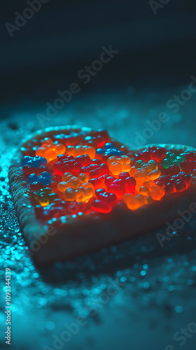 Heart-shaped pizza with tiny gummy bears as toppings holding hands and dancing in unison