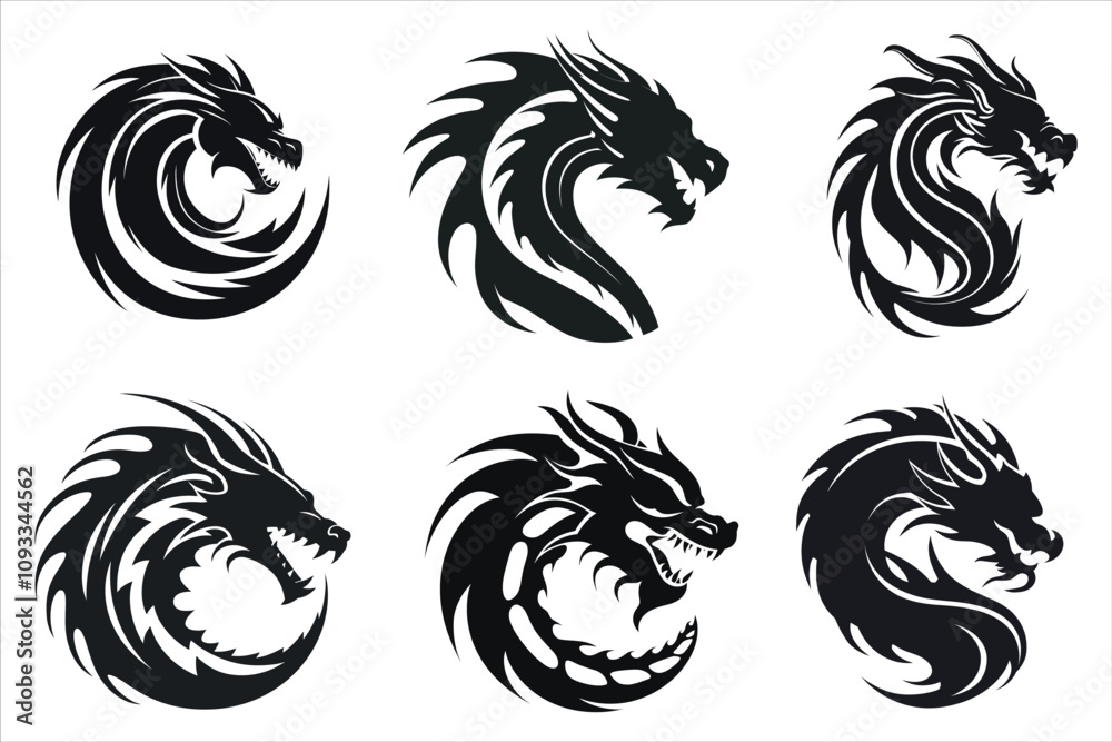 Dragon Face Head Silhouette Bundle Set, Dragon Tatto design Silhouette Dragon Face Head Silhouette Bundle Set, Dragon Tatto design Silhouette