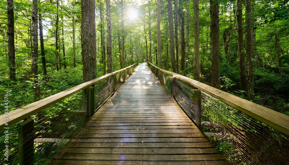 Obraz premium 푸른 숲속을 따라 이어진 나무데크 산책로