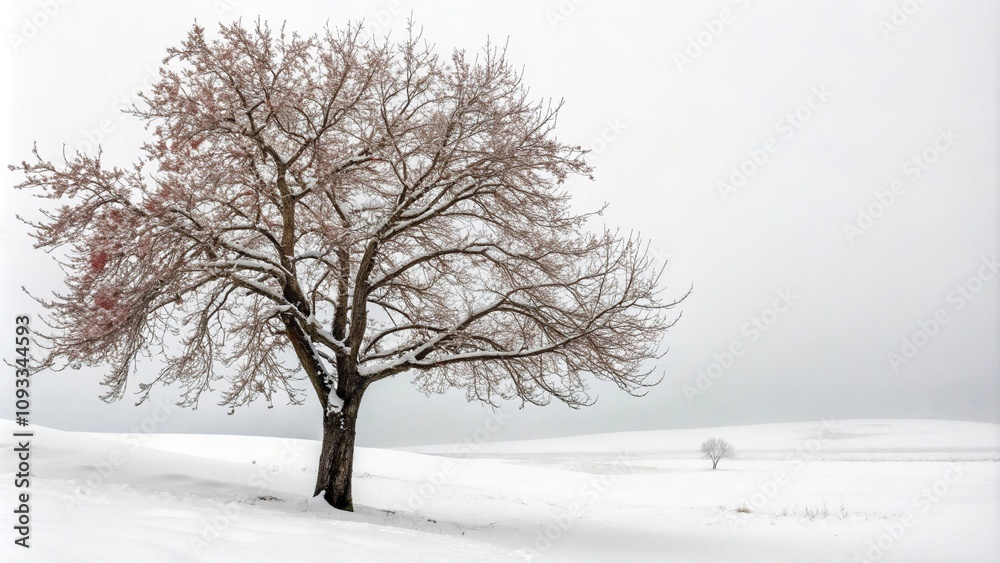A natural isolated view of a chokecherry tree against an empty snowy white background, forest in winter, cold weather, forest plants, winter scenery, A natural isolated view of a chokecherry tree against an empty snowy white background, forest in winter, cold weather, forest plants, winter scenery,