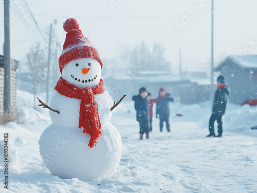 A wintery scene withsnowman wearingred scarf and hat  surrounded by children playing in fresh snow photo