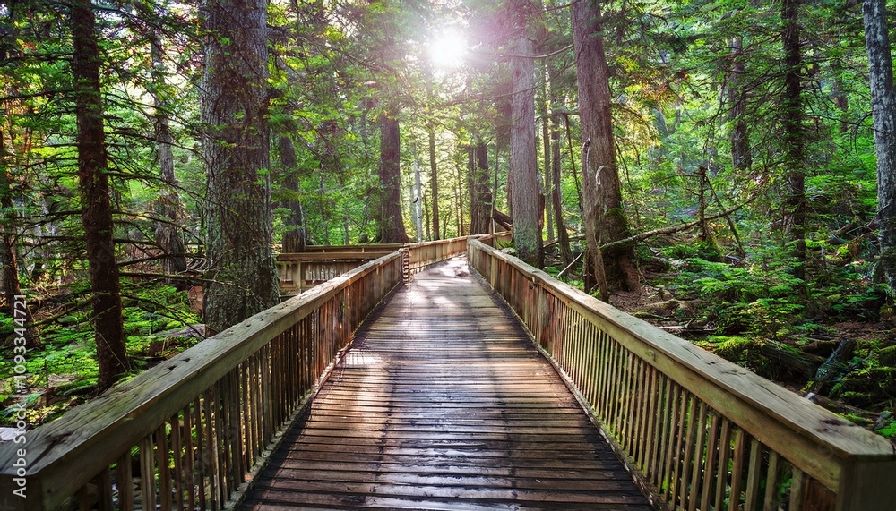 Obraz premium 푸른 숲속을 따라 이어진 나무데크 산책로