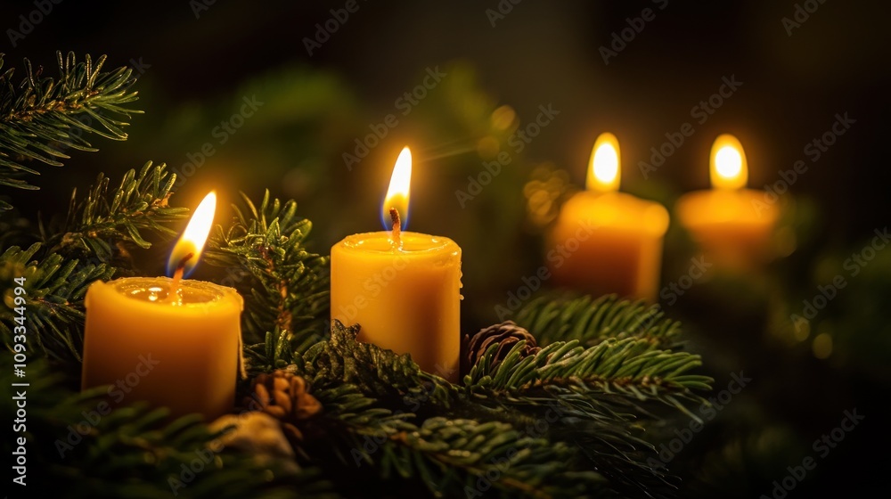 Four Yellow Candles Burning Amidst Evergreen Branches Four Yellow Candles Burning Amidst Evergreen Branches