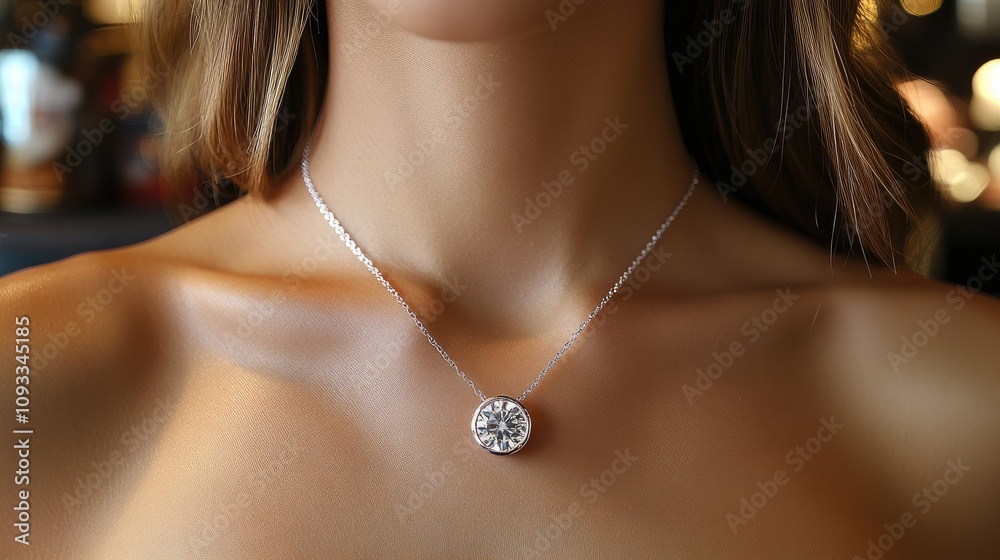 A close-up of a woman wearing a sparkling pendant necklace, showcasing elegance and style. A close-up of a woman wearing a sparkling pendant necklace, showcasing elegance and style.