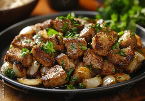 Deliciously Sizzling Grilled Meat Cubes with Fresh Herbs and Onions Served on a Plate Ready for a Flavorful Meal or BBQ Feast