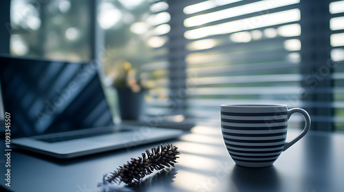 Modern workspace withlaptop  coffee mug  andsmall festive touch likepinecone or ribbon  withclean background