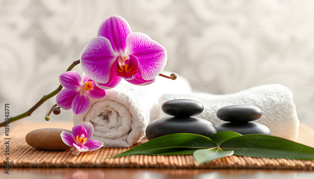 Spa orchid with soft towels and massage stones setting isolated with white highlights, png Spa orchid with soft towels and massage stones setting isolated with white highlights, png