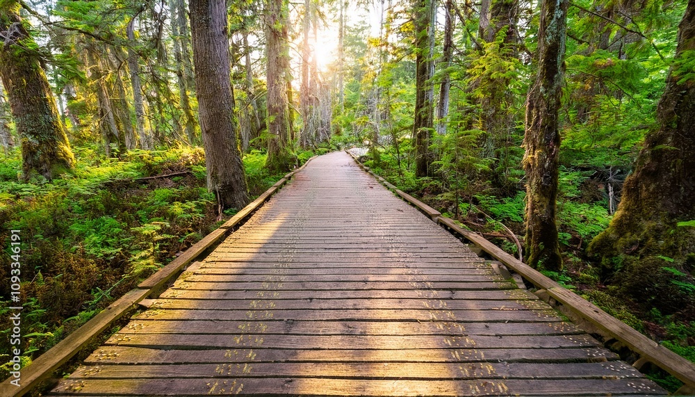 Fototapeta premium 푸른 숲속을 따라 이어진 나무데크 산책로