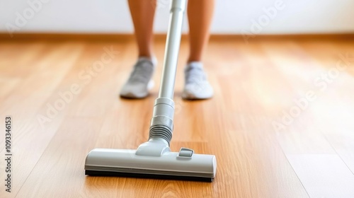 Cordless vacuum cleaner reaching high surfaces in a home