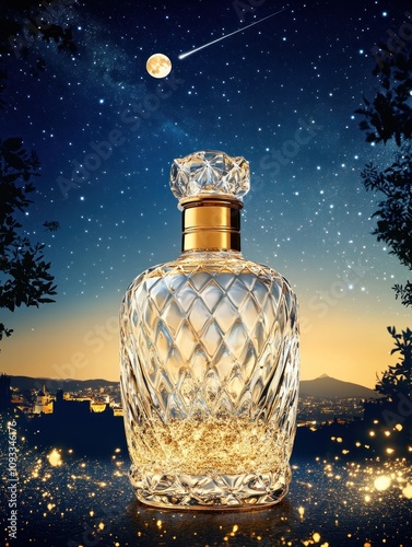 Elegant Crystal Bottle Against A Starry Evening Sky photo