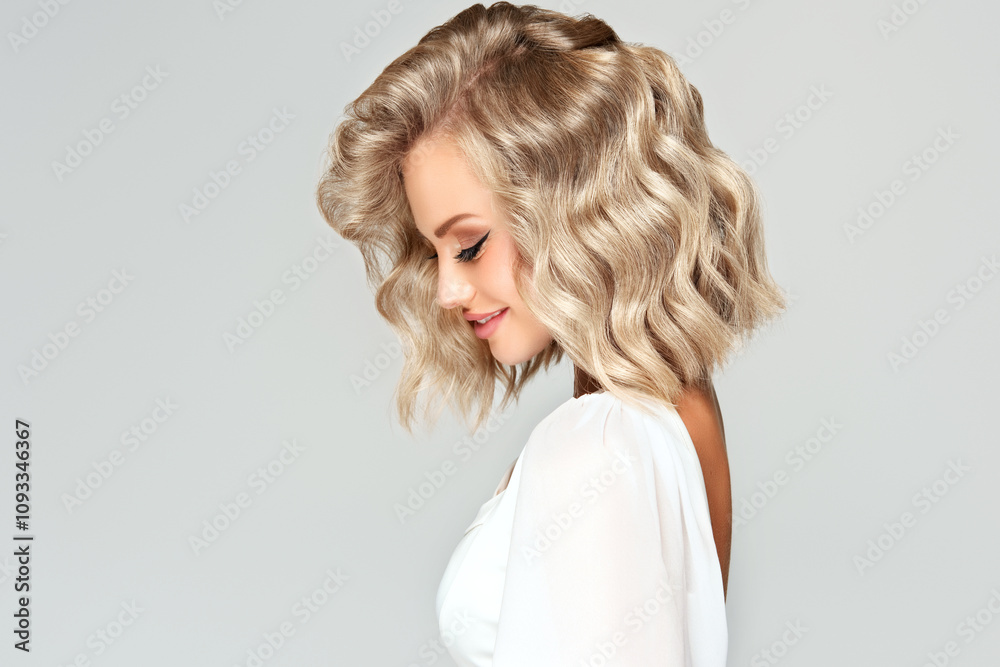 Beautiful blonde model girl with short curly hair . Smiling woman hairstyle wavy curls . Fashion , beauty and makeup portrait Beautiful blonde model girl with short curly hair . Smiling woman hairstyle wavy curls . Fashion , beauty and makeup portrait