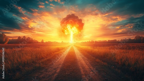 Distant View of a Dramatic Atomic Bomb Explosion Illuminating the Sky with Fiery Colors and an Apocalyptic Atmosphere at Sunset