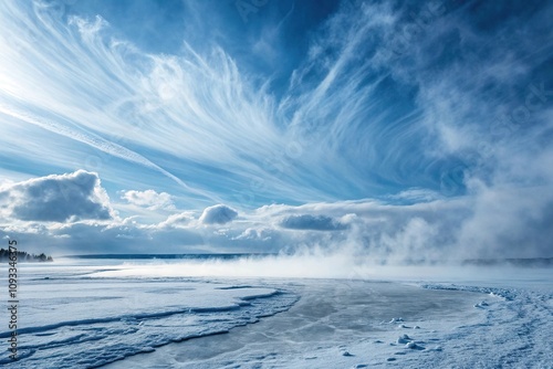 Icy blue mist swirls into wispy clouds that resemble gossamer threads, ethereal, clouds