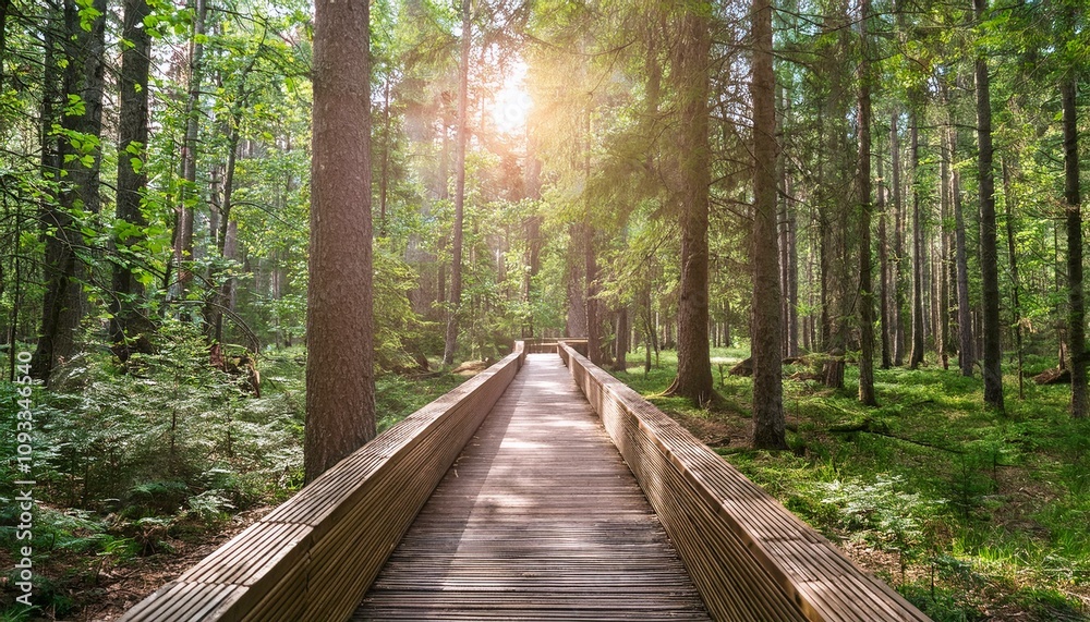 Obraz premium 푸른 숲속을 따라 이어진 나무데크 산책로