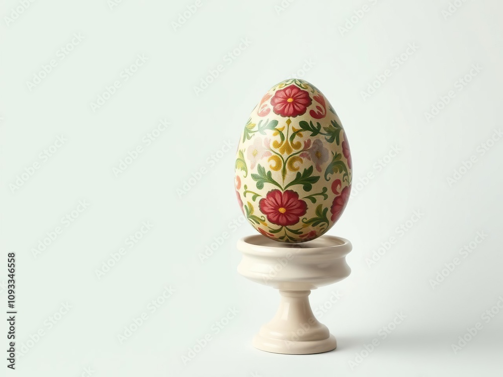 A single intricately designed painted Easter egg placed on a pedestal or easel, spring crafts, hand-painted egg A single intricately designed painted Easter egg placed on a pedestal or easel, spring crafts, hand-painted egg