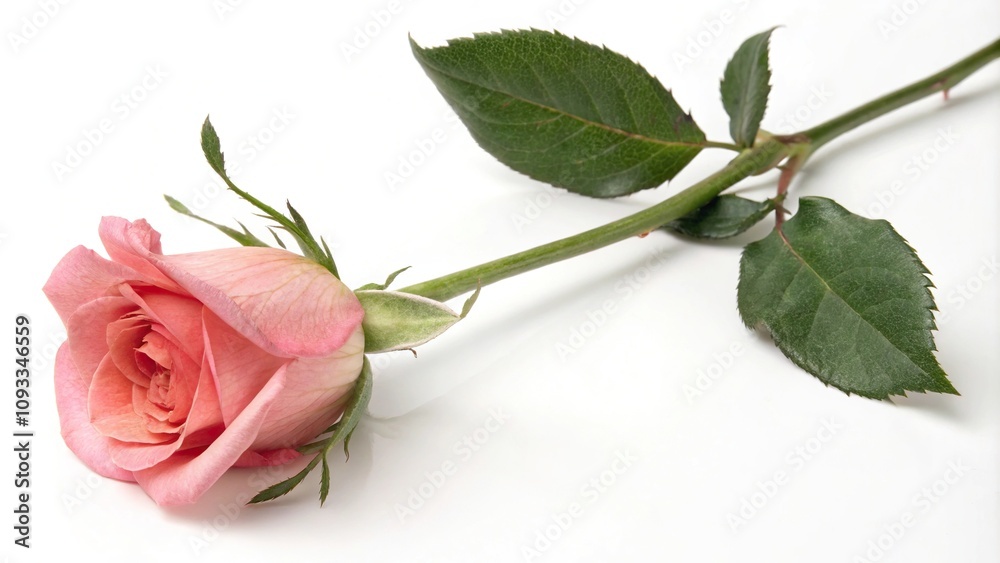 Obraz premium Illustration of a rose flower in its bud stage with a single petal unfolding on white background, natural beauty, fresh petals