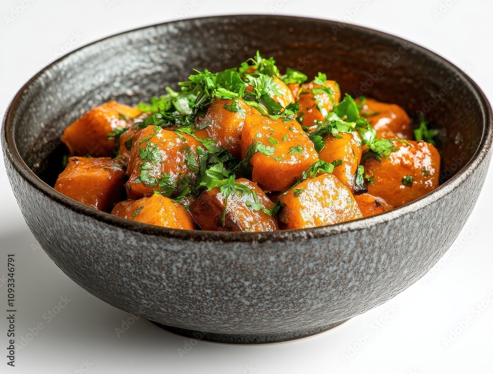Dish of Diced Cooked Sweet Potatoes with Fresh Green Herbs in a Rustic Bowl Against a Simple Background