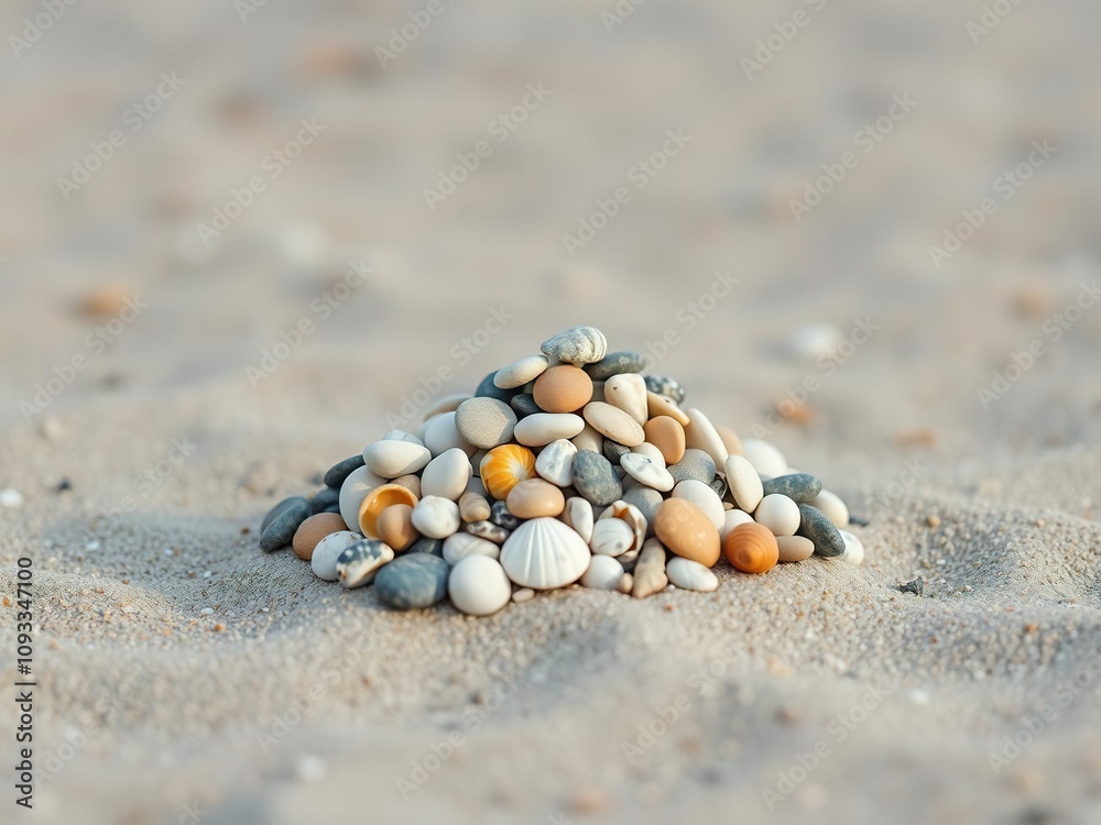 A small pile of sea pebbles and shells forming a miniature mountain range on the beach, seaside walks, rock formations, beach treasures A small pile of sea pebbles and shells forming a miniature mountain range on the beach, seaside walks, rock formations, beach treasures