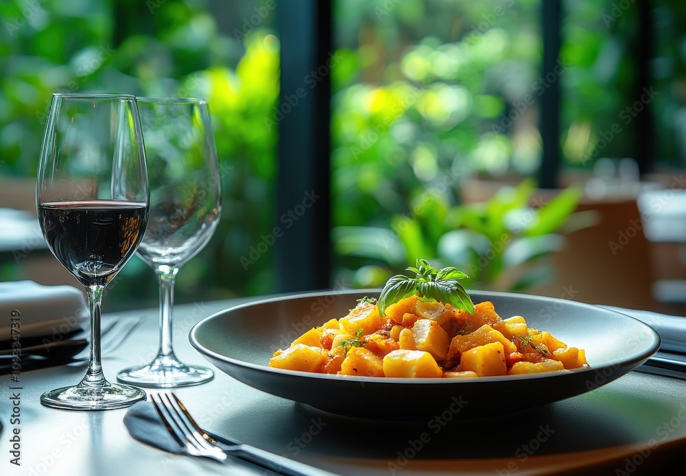 Elegant Dining Experience with Gourmet Dish of Squash and Herbs Surrounded by Lush Greenery and Fine Wine in Modern Restaurant Setting Elegant Dining Experience with Gourmet Dish of Squash and Herbs Surrounded by Lush Greenery and Fine Wine in Modern Restaurant Setting
