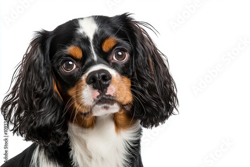 A close-up portrait of a Cavalier King Charles Spaniel on a white isolated background.