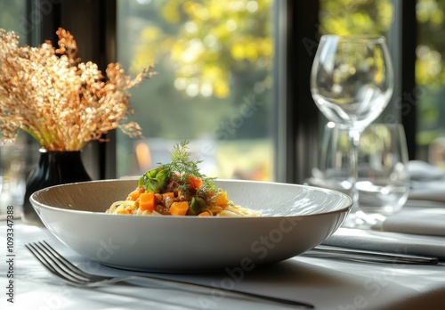 Elegant Dining Experience with Gourmet Pasta Dish Surrounded by Beautiful Table Setting and Vibrant Natural Light from Restaurant Window photo