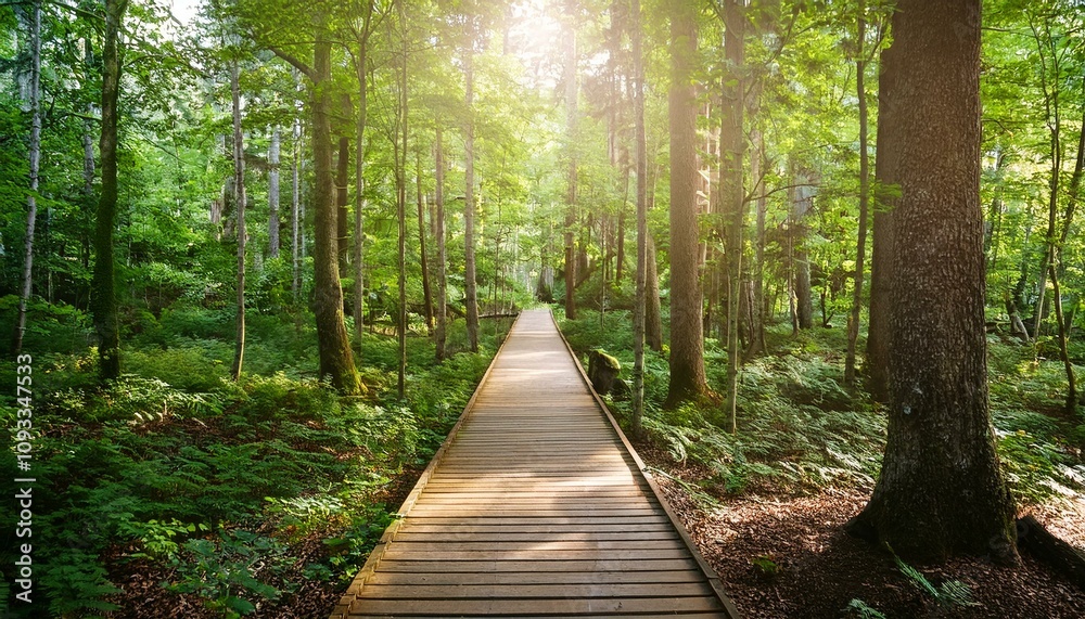 푸른 숲속을 따라 이어진 나무데크 산책로 푸른 숲속을 따라 이어진 나무데크 산책로