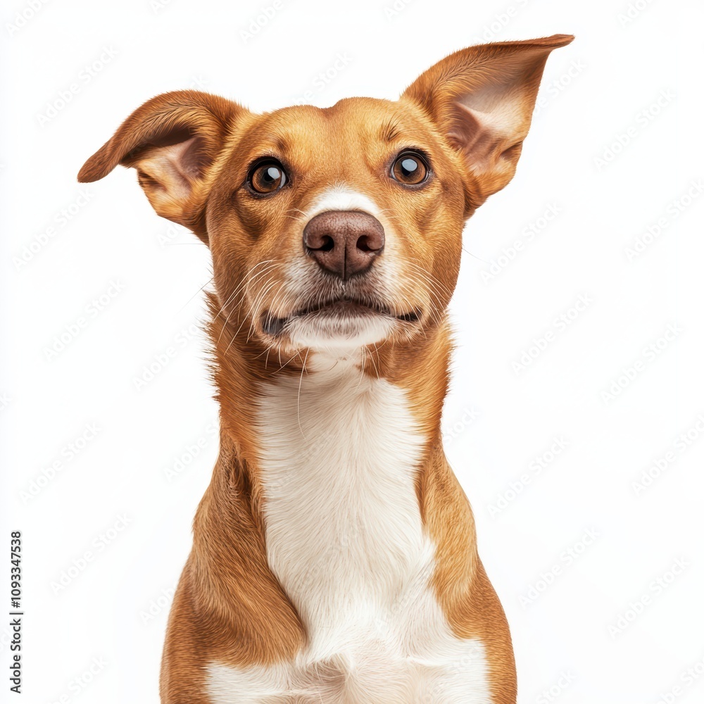 A close-up portrait of a curious dog with a playful expression against a bright white background. A close-up portrait of a curious dog with a playful expression against a bright white background.