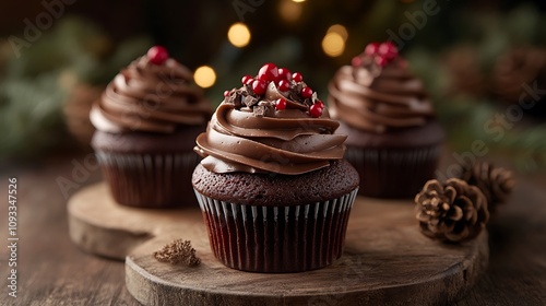 Chocolate cupcakes with bright frosting and toppers placed on a festive holiday table with warm lighting and props